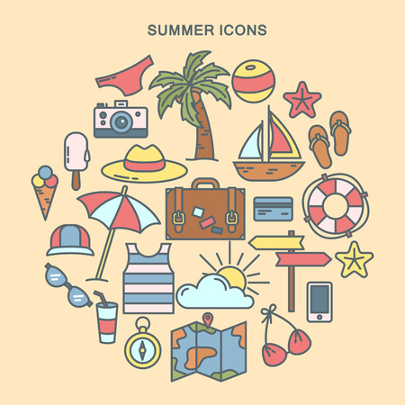 Summer Time. Set of Summer Icons. Travel Background. Vector illustrationのイラスト素材