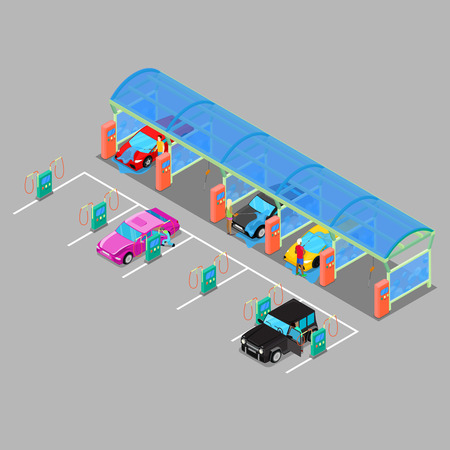 Isometric Hand Car Wash with Vacuum Cleaners. Driver Washing Car. Vector illustrationのイラスト素材
