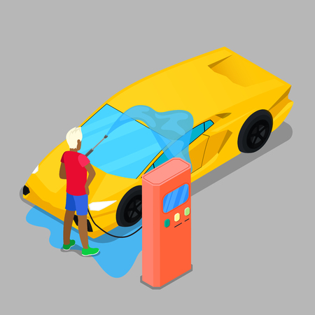 Isometric Hand Car Wash. Driver Washing Car. Vector illustrationのイラスト素材
