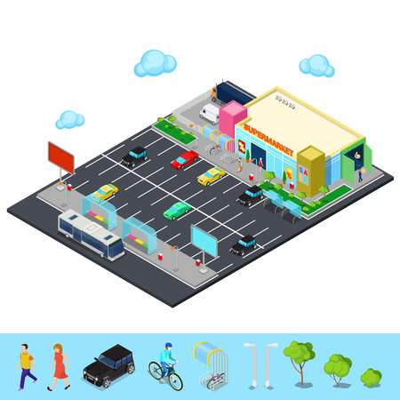Isometric City. Supermarket Building with Parking Area, Bus Stop and Bicycle Places. Vector illustrationのイラスト素材