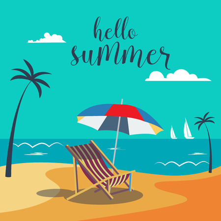 Hello Summer Poster. Tropical Beach with Palm Trees and Umbrella. Vector Backgroundのイラスト素材