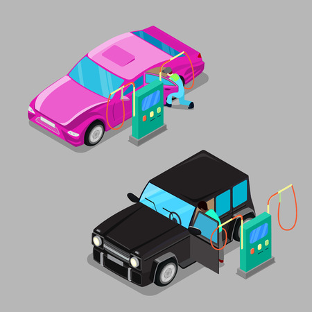Isometric Car Cleaner Station. Driver Cleaning Car. Vector illustrationのイラスト素材