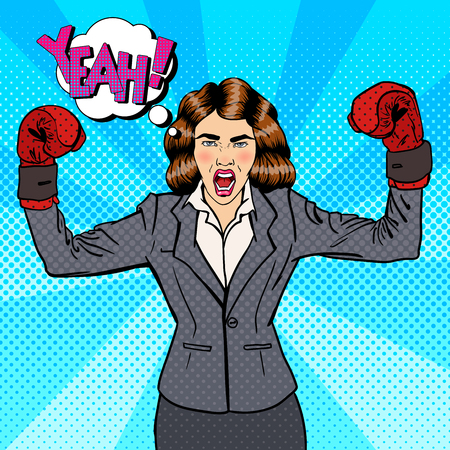 Business Woman in Boxing Gloves Celebrating Success in Business. Pop Art. Vector illustrationのイラスト素材