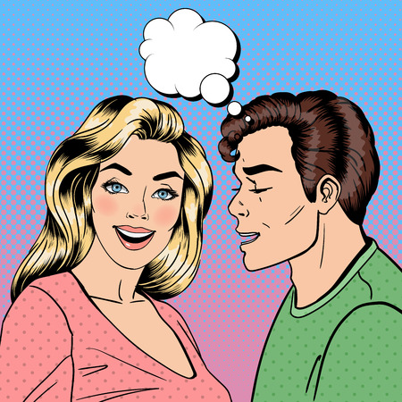 Man Whispering Secret to his Girlfriend. Happy Couple. Pop Art. Vector illustrationのイラスト素材