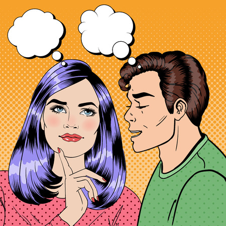 Man Whispering Something to his Girlfriend. Happy Couple. Pop Art. Vector illustrationのイラスト素材