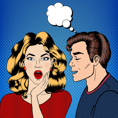 Man Whispering Something to his Girlfriend. Happy Couple. Pop Art. Vector illustrationのイラスト素材