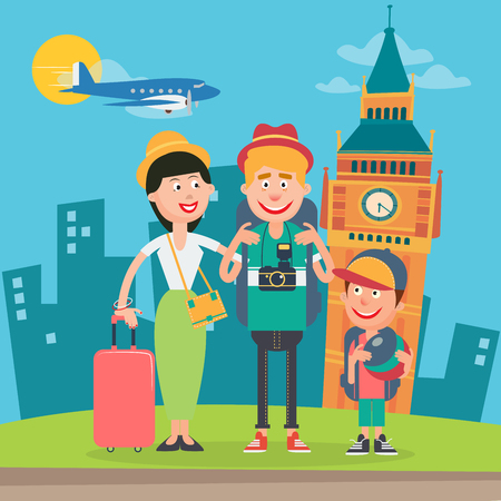 Happy Family Travelling by Plane to England. Father, Mother and Son in London. Vector illustrationのイラスト素材