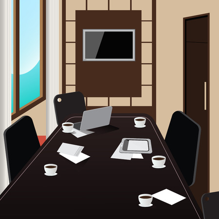 Conference Room Interior with Table, Tablet and Laptop. Vector illustrationのイラスト素材