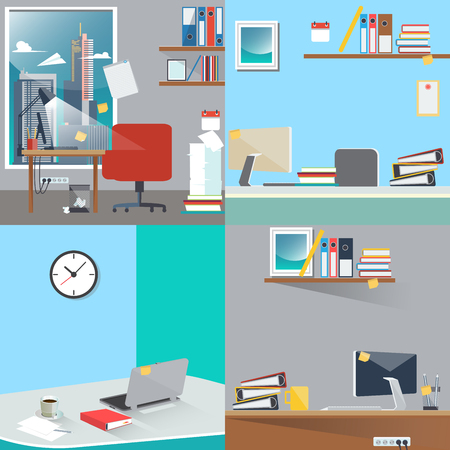 Business Interior Set. Office Work Place with Computer and Paper Documents. Vector Backgroundのイラスト素材