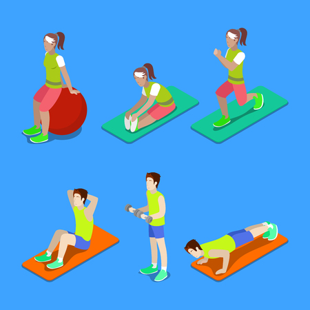 Isometric People. Man and Woman Exercising at the Gym. Vector illustrationのイラスト素材