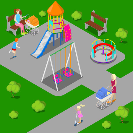 Isometric Children Playground in the Park with People, Sweengs, Carousel and Slide. Vector illustrationのイラスト素材