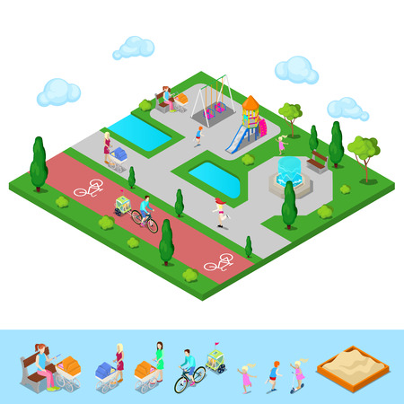 Isometric Children Playground in the Park with People, Sweengs, Slide and Fountain. Vector illustrationのイラスト素材