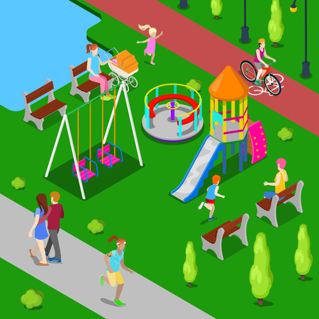 Isometric Children Playground in the Park with People, Sweengs, Slide and Carousel. Vector illustrationのイラスト素材