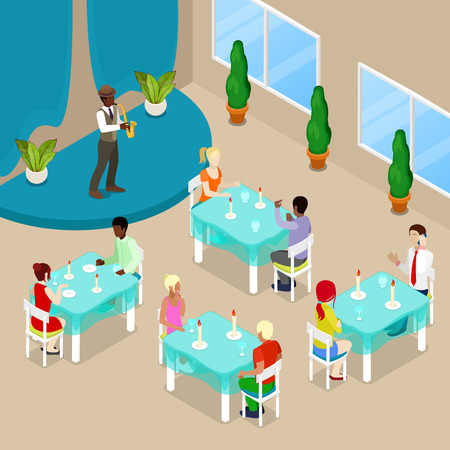 Isometric Restaurant Interior. People Eating in Luxury Restaurant. Vector illustrationのイラスト素材