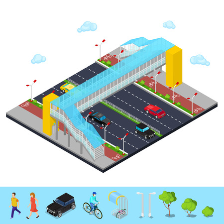 Isometric City. City Road with Pedestrian Bridge and Bicycle Path. Vector illustrationのイラスト素材
