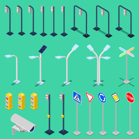 Isometric Traffic Road Elements with City Lights, Road Signs, Video Camera and Traffic Lights. Vector illustrationのイラスト素材