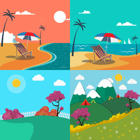 Summer Landscapes Set. Seascape with Palm Trees. Mountain Landscape. Vector Backgroundのイラスト素材