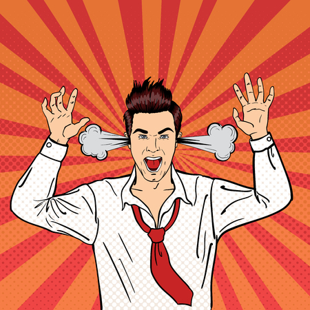 Angry Businessman Shouting with Steam Coming out of his Ears. Pop Art. Vector illustrationのイラスト素材