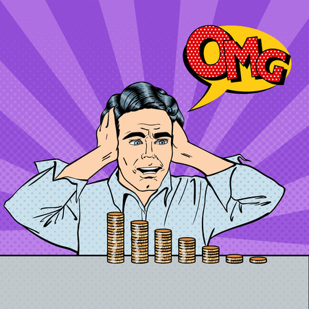 Stressed Businessman Looking at his Last Money. Pop Art. Vector illustrationのイラスト素材