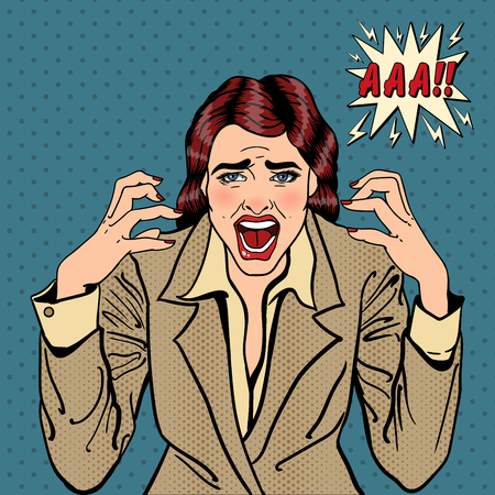 Frustrated Stressed Business Woman Screaming. Pop Art. Vector illustrationのイラスト素材
