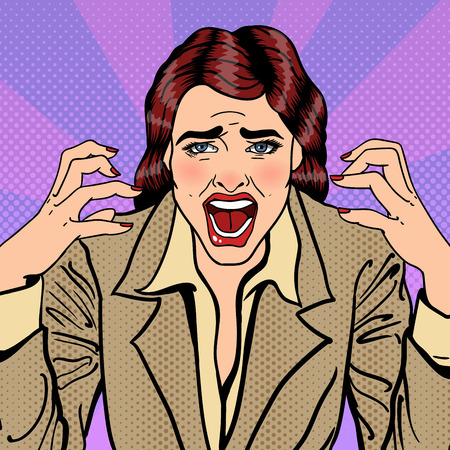 Frustrated Stressed Business Woman Screaming. Pop Art. Vector illustrationのイラスト素材