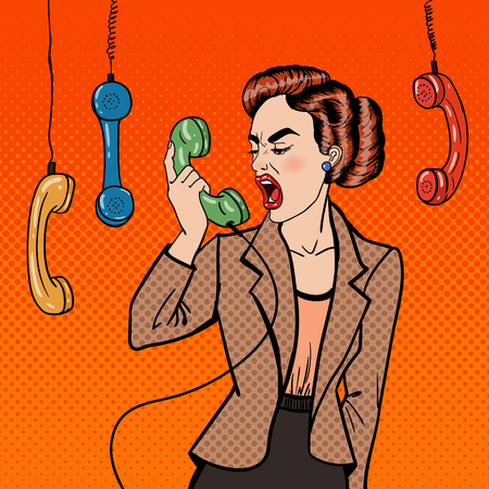Aggressive Business Woman Screaming into the Phone. Pop Art. Vector illustrationのイラスト素材