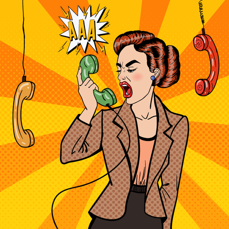 Aggressive Business Woman Screaming into the Phone. Pop Art. Vector illustrationのイラスト素材