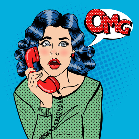 Shocked Young Woman Talking on the Phone. Pop Art. Vector illustrationのイラスト素材
