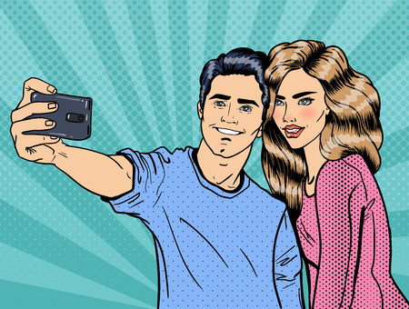 Young Loving Couple Making Selfie on Smartphone. Pop Art. Vector illustrationのイラスト素材