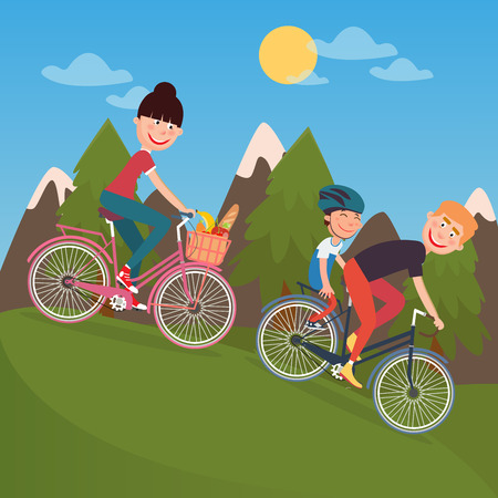 Happy Family Riding Bikes in tho Mountains. Woman on Bicycle. Father and Son. Vector illustrationのイラスト素材