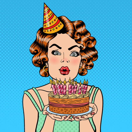 Pretty Happy Girl Blowing Candles on Birthday Cake and Making a Wish. Pop Art. Vector illustrationのイラスト素材