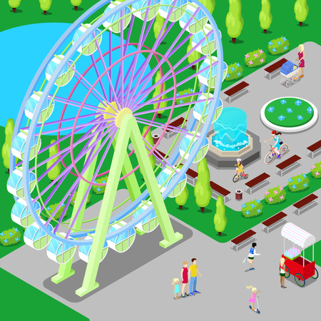 Isometric Amusement Park with Ferris Wheel and Children. Vector illustrationのイラスト素材