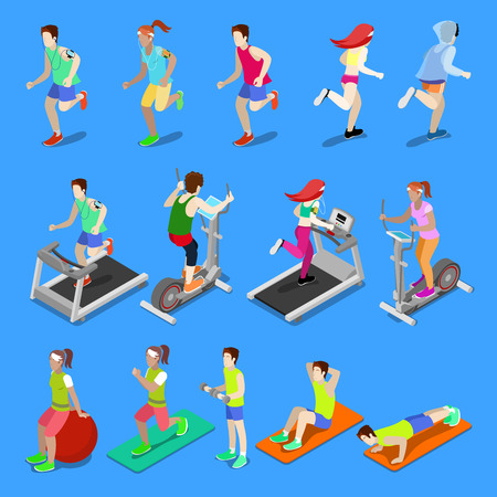 Isometric People. Man and Woman Exercising at the Gym. Vector illustrationのイラスト素材
