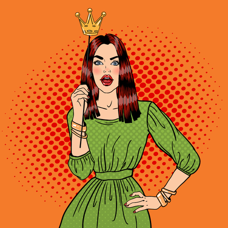 Young Pretty Woman Posing with Photo Booth Crown. Pop Art. Vector illustrationのイラスト素材