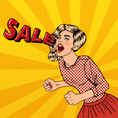 Happy Young Woman Shouting Sale. Big Sale Poster. Pop Art Vector illustrationのイラスト素材