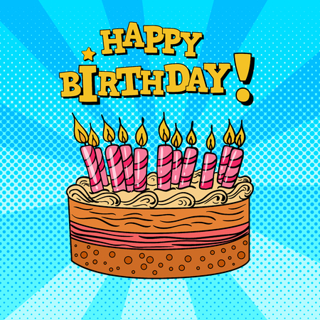 Happy Birthday Greeting Card with Cake and Candles. Pop Art Vector illustrationのイラスト素材
