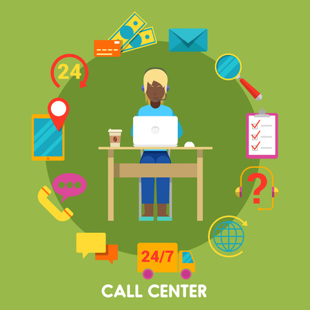 Call Center Support with Operator and Icon Set. Vector illustrationのイラスト素材
