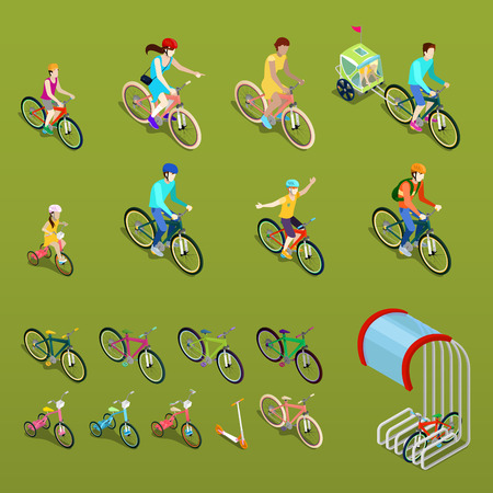 Isometric People on Bicycles. City Bike, Family Bike and Children Bicycle. Vector illustrationのイラスト素材