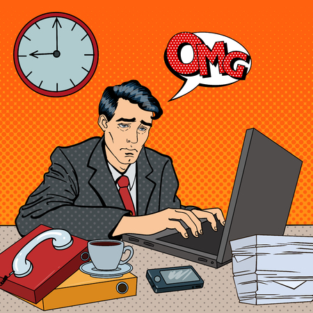 Depressed Businessman Stayed Late at Work. Tired Worker with Laptop. Pop Art Vector illustrationのイラスト素材
