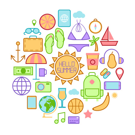 Summer Time Icons with Sea Vacation Accessories. Vector illustrationのイラスト素材