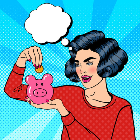 Young Woman Putting a Coin Into a Piggy Money Box. Pop Art. Vector illustrationのイラスト素材