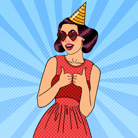 Smiling Woman Having a Party in Celebration Hat. Pop Art Vector illustrationのイラスト素材