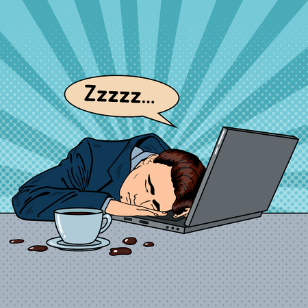 Tired Businessman Sleeping on a Laptop in Office. Pop Art Vector illustrationのイラスト素材