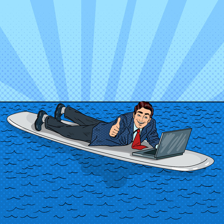 Successful Businessman Surfing on the Sea with Laptop. Pop Art Vector illustrationのイラスト素材