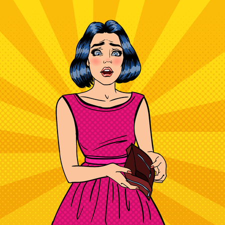 Unhappy Woman Showing Empty Wallet. Financial Failure. Pop Art Vector illustrationのイラスト素材