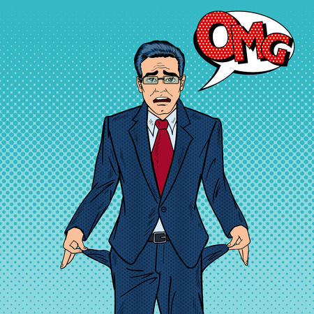 Broke Businessman Showing Empty Pockets. Pop Art Vector illustrationのイラスト素材