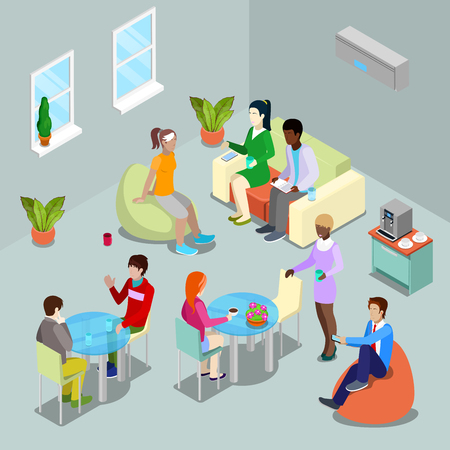 Isometric Interior Office Canteen and Relax Area with People. Vector illustrationのイラスト素材