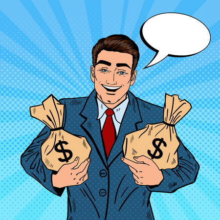 Smiling Businessman Holding Money Bags. Pop Art Vector illustrationのイラスト素材