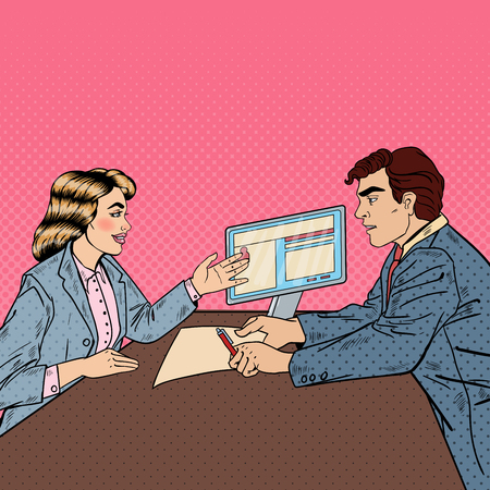 Job Interview Business Meeting with Employer. Pop Art Vector illustrationのイラスト素材