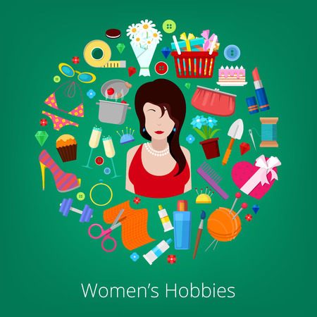 Woman Hobby Elements Set with Flowers, Cooking, Cosmetics and Fashion Elements. Vector illustrationのイラスト素材